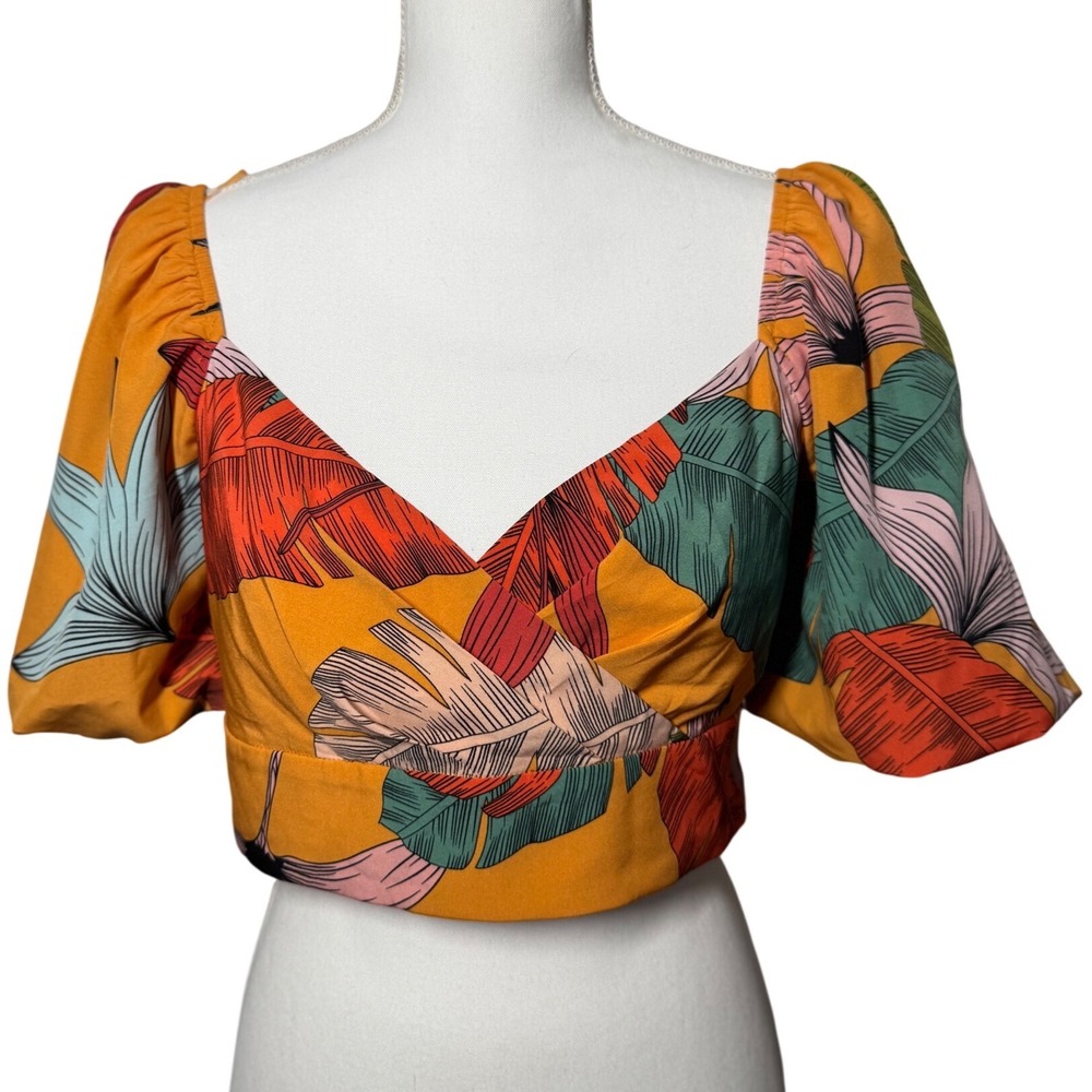 TCEC Tropical Puff Shoulder Crop Top Large Orange Floral New With Tags‎
